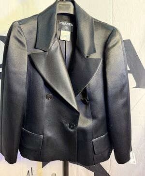 Chanel Vintage Black Silk Blazer Women's Jacket Size 40 Double Breasted 01A